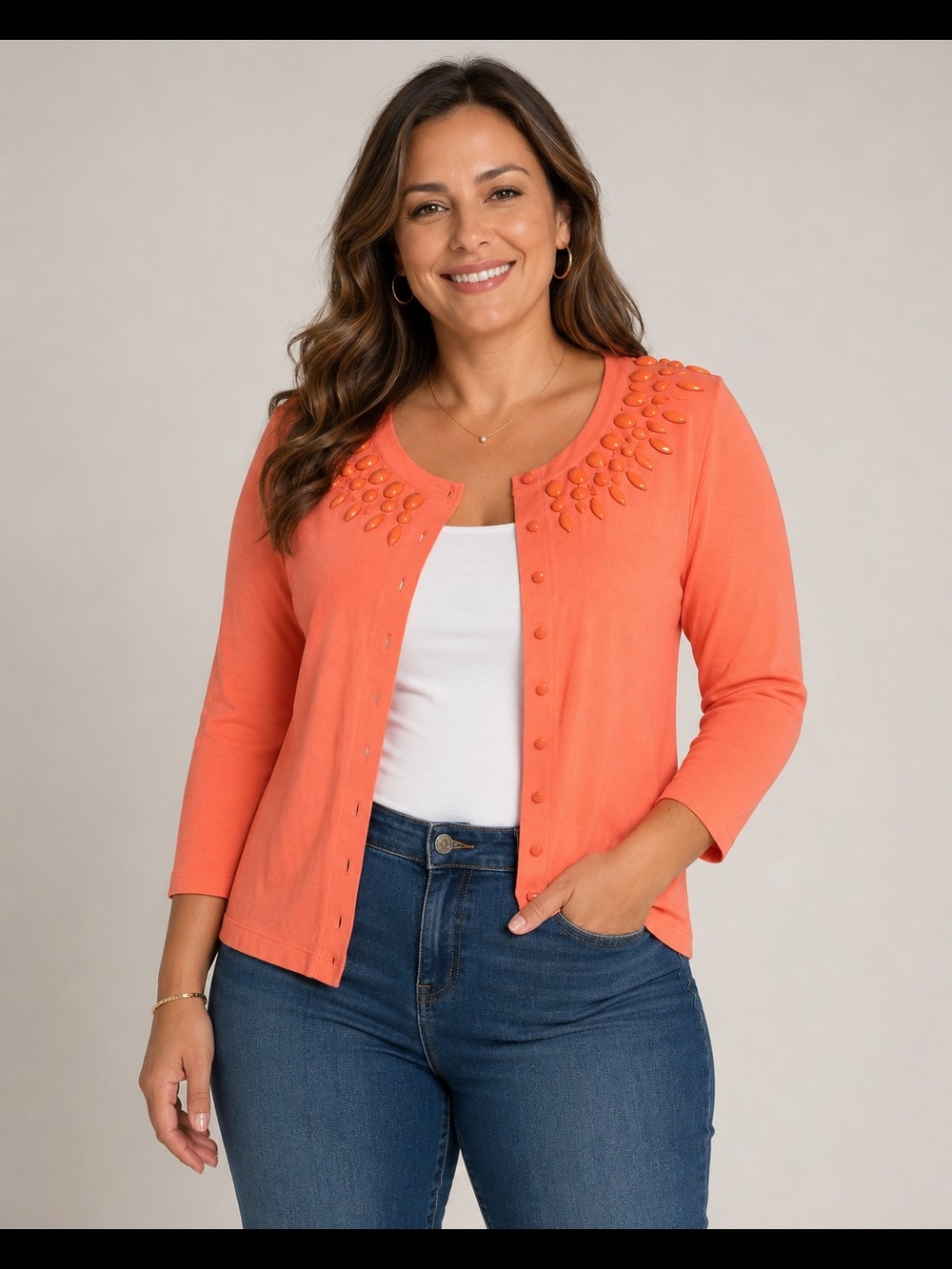 Rafaella Embellished Cardigan Sweater Women's S Coral Beaded Neckline 3/4 Sleeve
